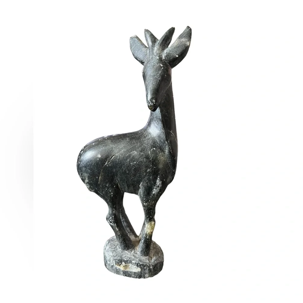 hand carved black stone figurine deer vintage 6.5 Inches tall *Small Chip* - Picture 1 of 8
